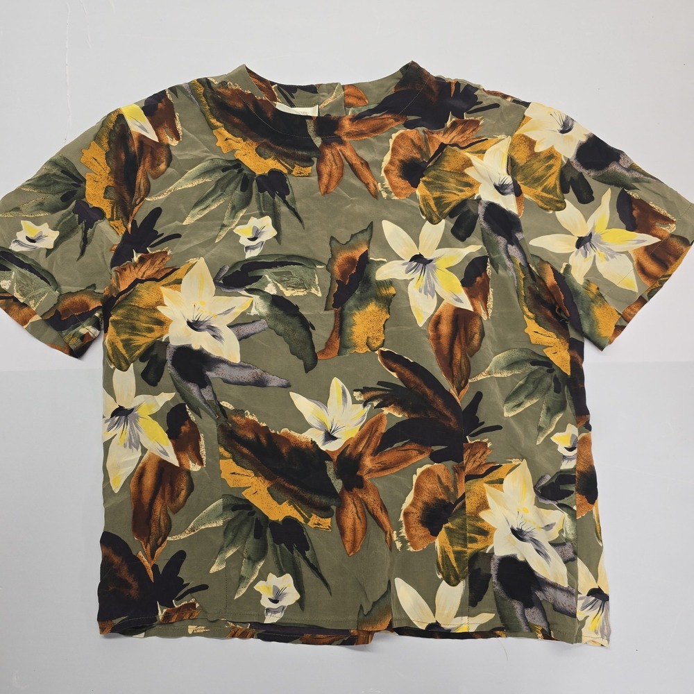 Jones New York Womens Vintage 100% Silk Floral Short Sleeve Blouse Green Size 14